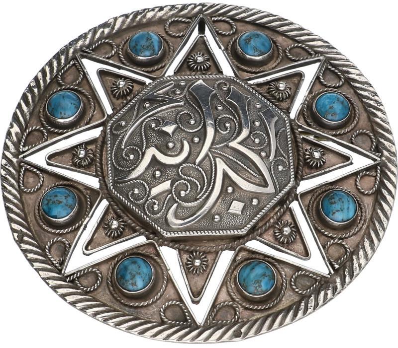 Antieke broche zilver, turkoois - 925/1000.