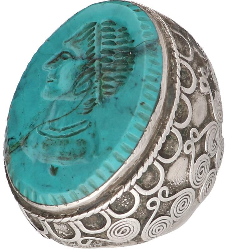 Tibetaanse zegel ring zilver, gesneden turkoois - 835/1000.