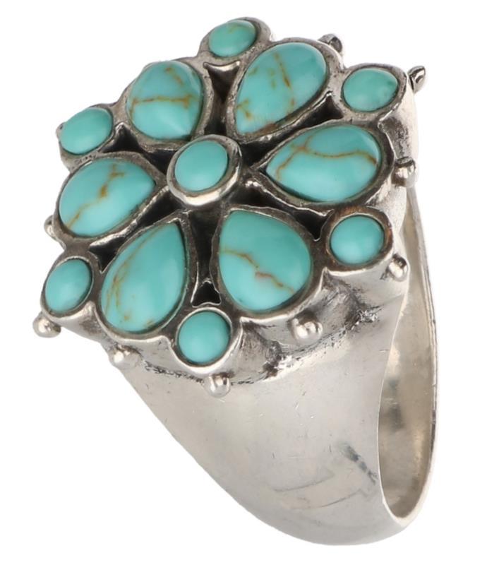 Rozet ring zilver, turkoois - 925/1000.