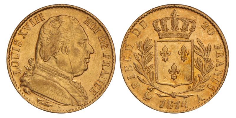 France. Louis XVIII. 20 Francs. 1814 A.