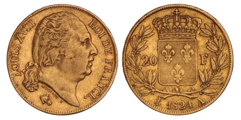 France. Louis XVIII. 20 Francs. 1824 A.