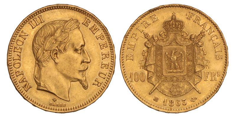 France. Napoleon III. 100 Francs. 1863 BB.
