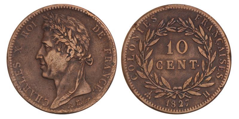 French Colonies. 10 Centimes. 1827 H.