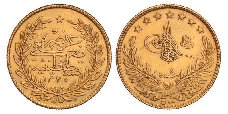 Turkey. Mohammed V. 500 Kurush. 1327/4.