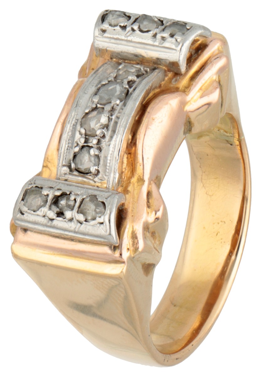 18K Bicolour gouden retro ring bezet met ca. 0.10 ct. diamant.