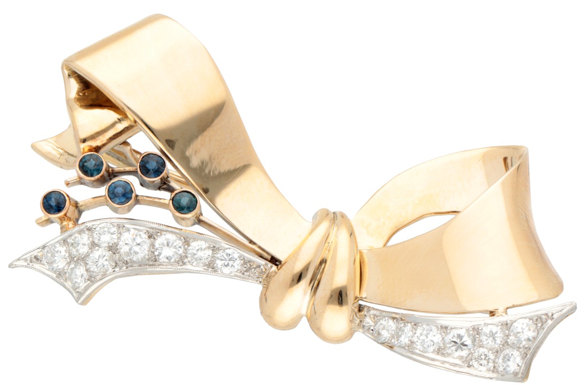 14K Geelgouden retro strikbroche met saffier en diamant.