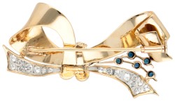 14K Geelgouden retro strikbroche met saffier en diamant.
