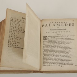 Een acht-delige serie boeken, Joost van den Vondel, daarbij een eiken boekenschuif, Holland, 17e eeuw.
