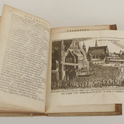 Een acht-delige serie boeken, Joost van den Vondel, daarbij een eiken boekenschuif, Holland, 17e eeuw.