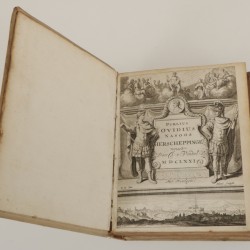 Een acht-delige serie boeken, Joost van den Vondel, daarbij een eiken boekenschuif, Holland, 17e eeuw.