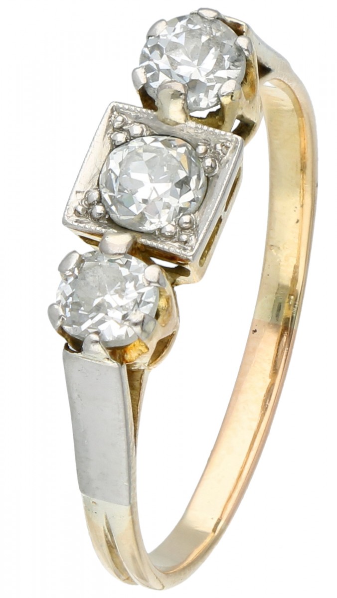 Bicolor gouden 3-steens ring, met ca. 0.54 ct. diamant - 18 kt.