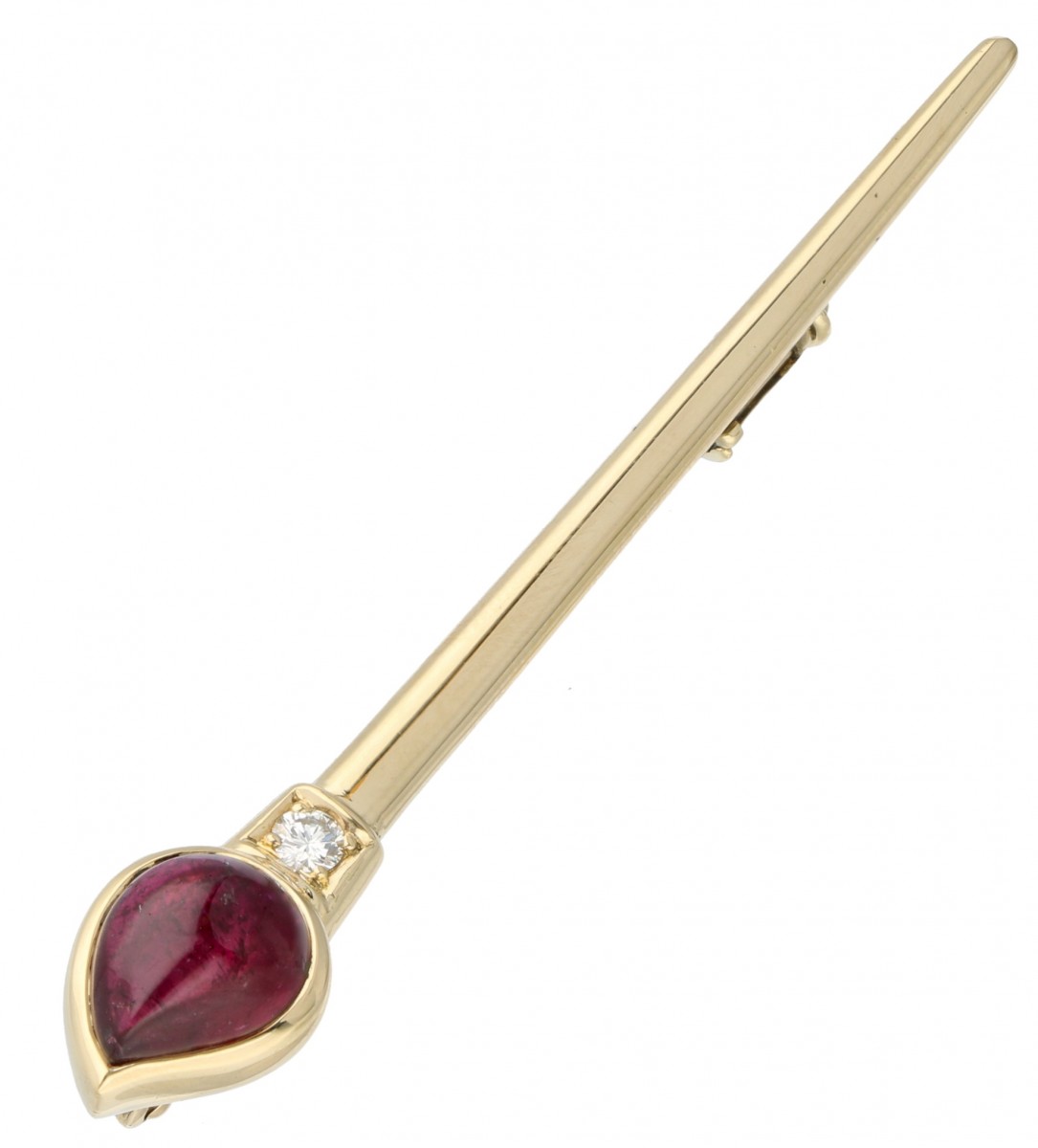 Geelgouden C'est Laudier broche, met ca. 0.06 ct. diamant en roze toermalijn - 18 kt.