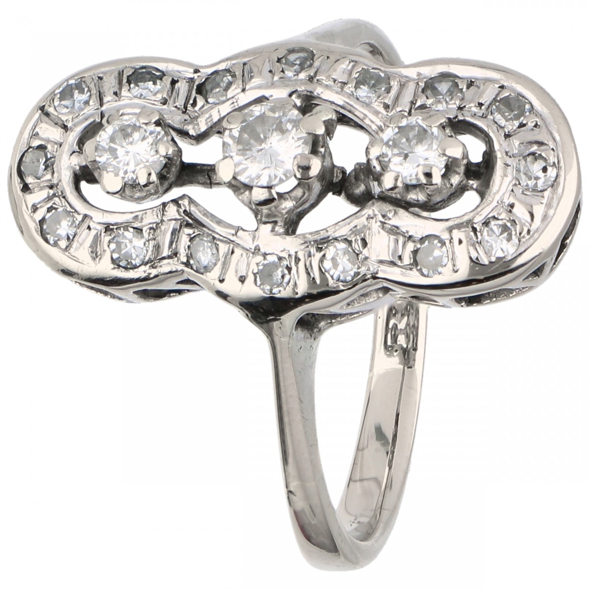 Witgouden open gewerkte prinsessen ring, met ca. 0.37 ct. diamant - 18 kt.