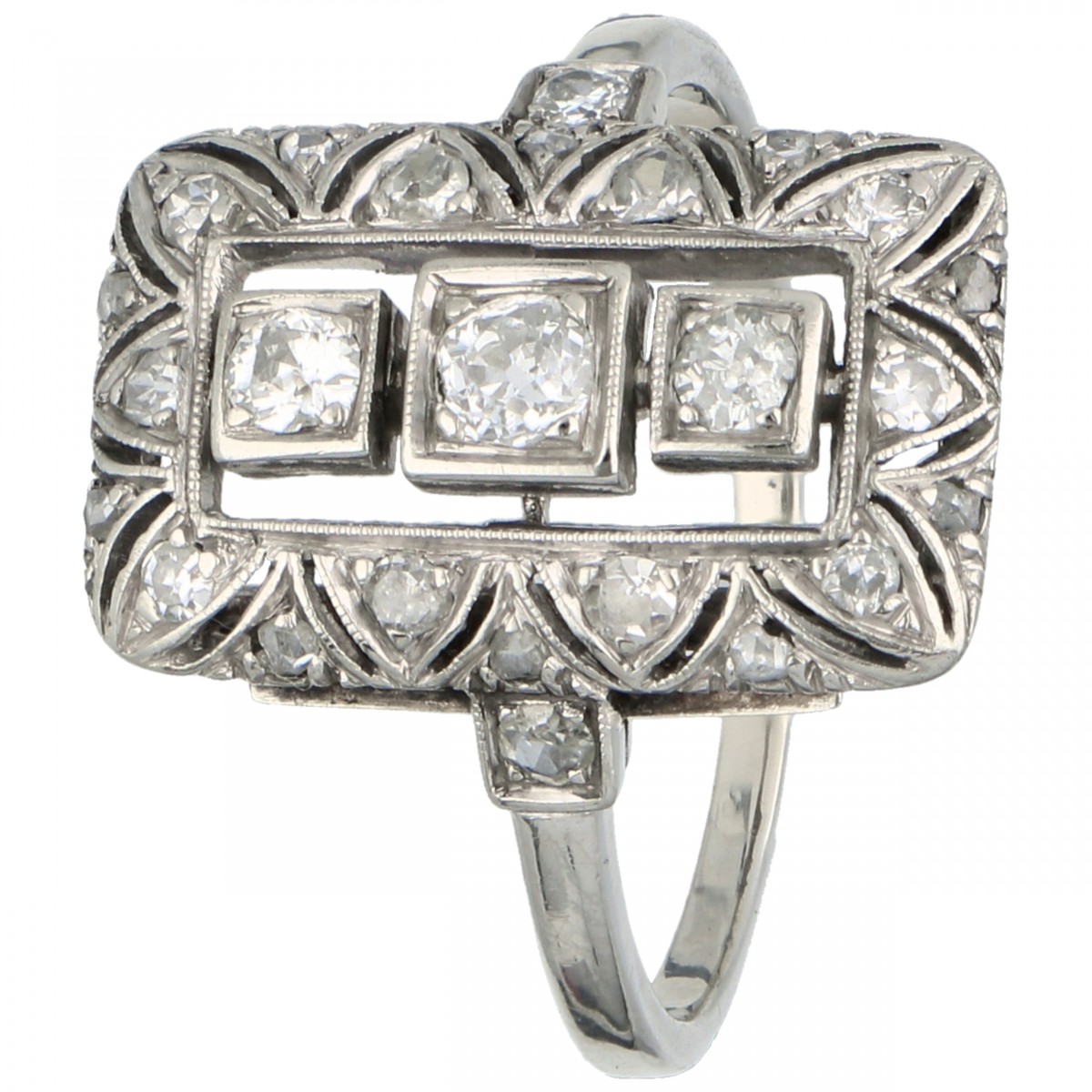 Witgouden rechthoekige open gewerkte Art Deco ring, met ca. 0.30 ct. diamant - 14 kt.