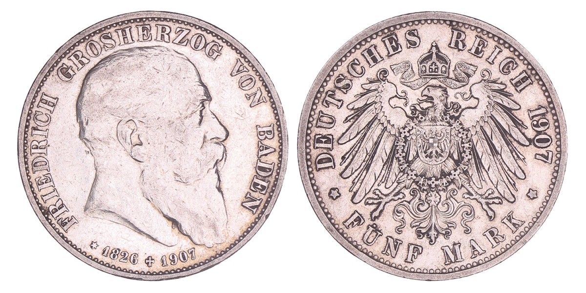 German states. Baden. Friedrich I. 5 Mark. 1907 G.