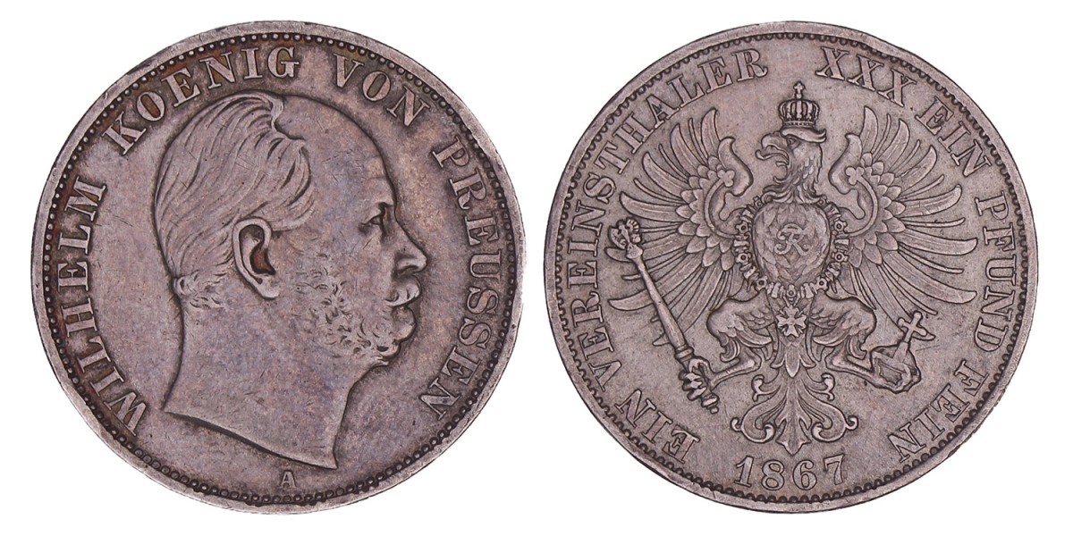 German states. Prussia. Wilhelm I. Thaler. 1867 A.