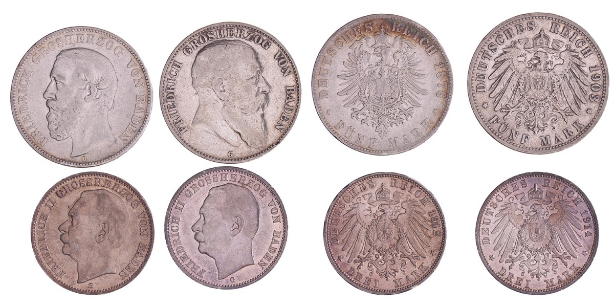 German states. Baden. Lot (4) 5 and 3 Mark. 1876, 1903, 1912 and 1914.