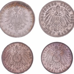 German states. Baden. Lot (4) 5 and 3 Mark. 1876, 1903, 1912 and 1914.