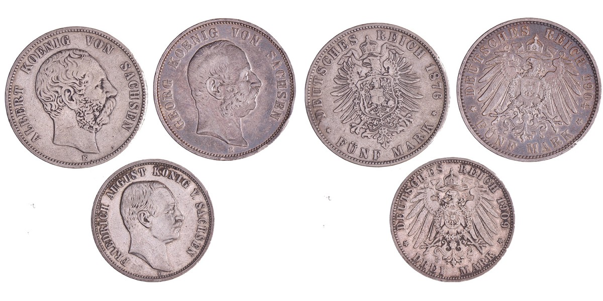 German states. Saxony. Lot (3) 5 and 3 Mark. 1876, 1904, 1909.