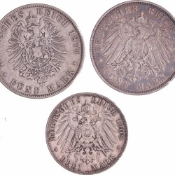 German states. Saxony. Lot (3) 5 and 3 Mark. 1876, 1904, 1909.