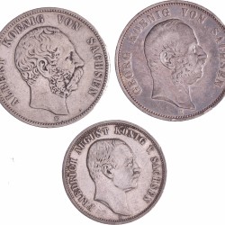 German states. Saxony. Lot (3) 5 and 3 Mark. 1876, 1904, 1909.