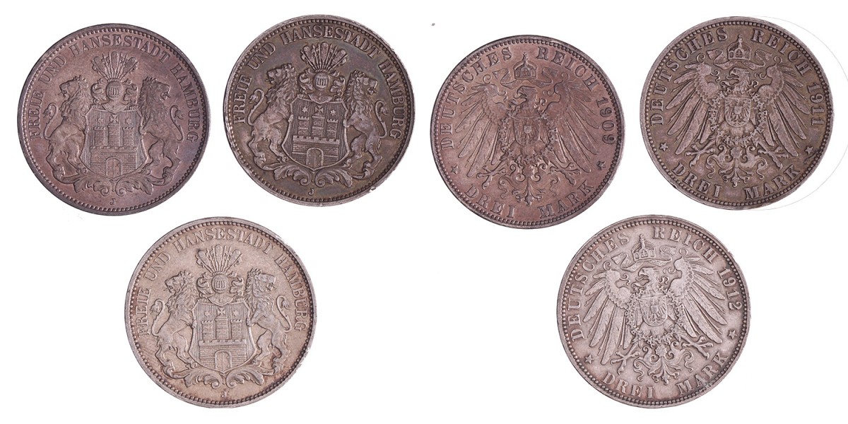 German states. Hamburg. 3 Mark. 1909, 1911 and 1912.