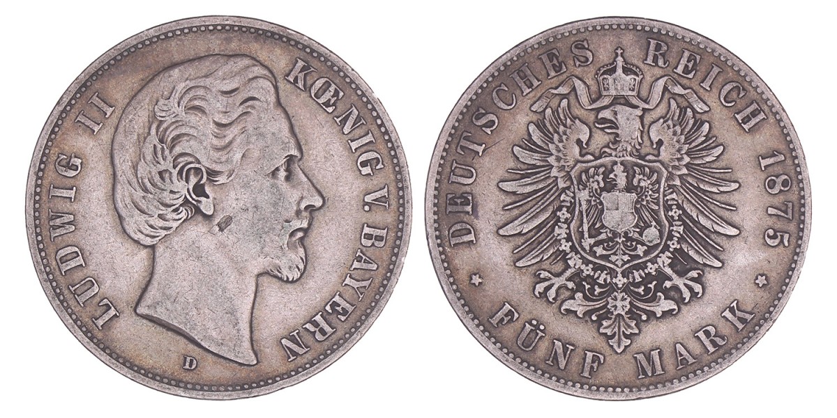 German states. Bavaria. Lüdwich II. 5 Mark. 1875 D.