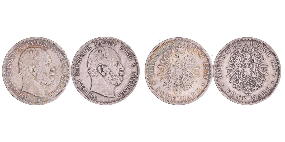 German states. Prussia. Wilhelm I. Lot (2) 5 Mark. 1874 A and 1876 B.