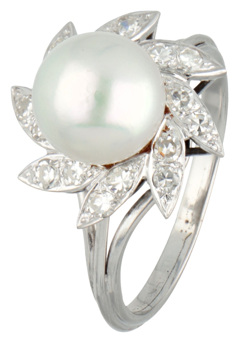 14K Witgouden wervelwind ring met gecultiveerde parel en diamant.