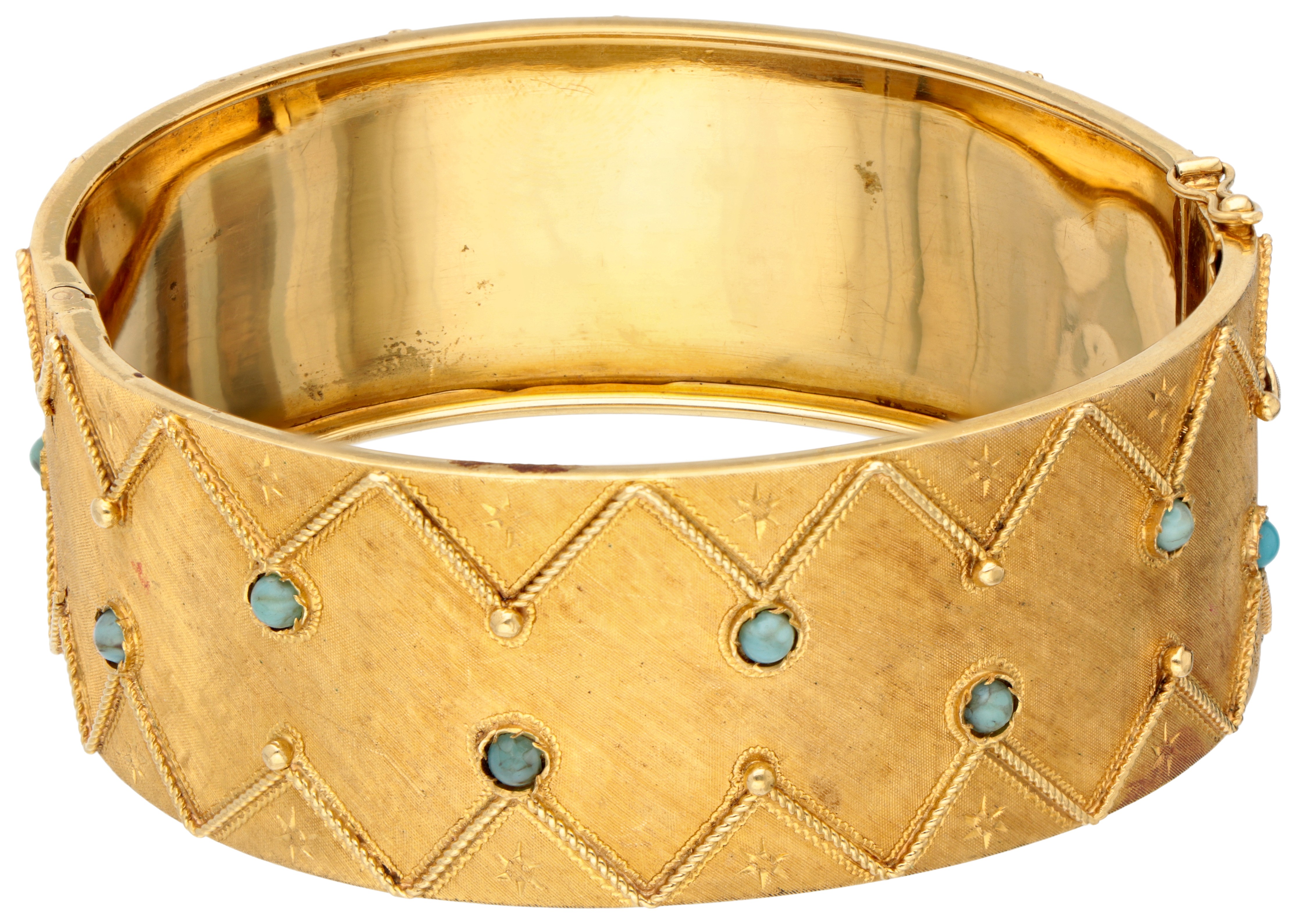 Brede 18K geelgouden bangle armband bezet met turkoois.