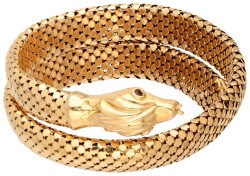 18K Geelgouden flexibele slangenarmband met rode glazen oogjes.