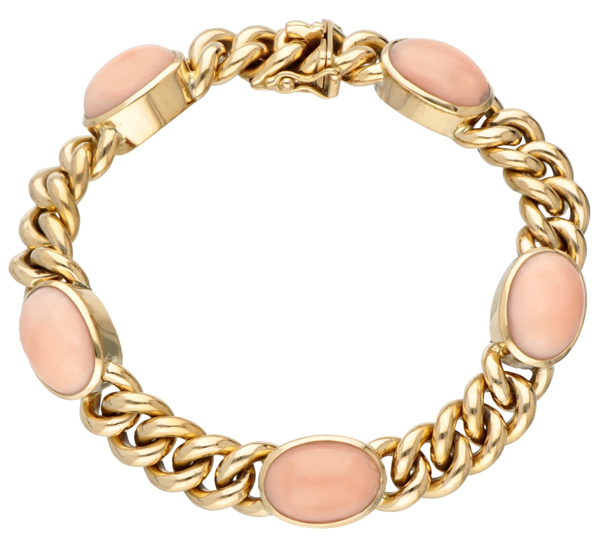 18K Geelgouden gourmet schakelarmband met roze opaal.