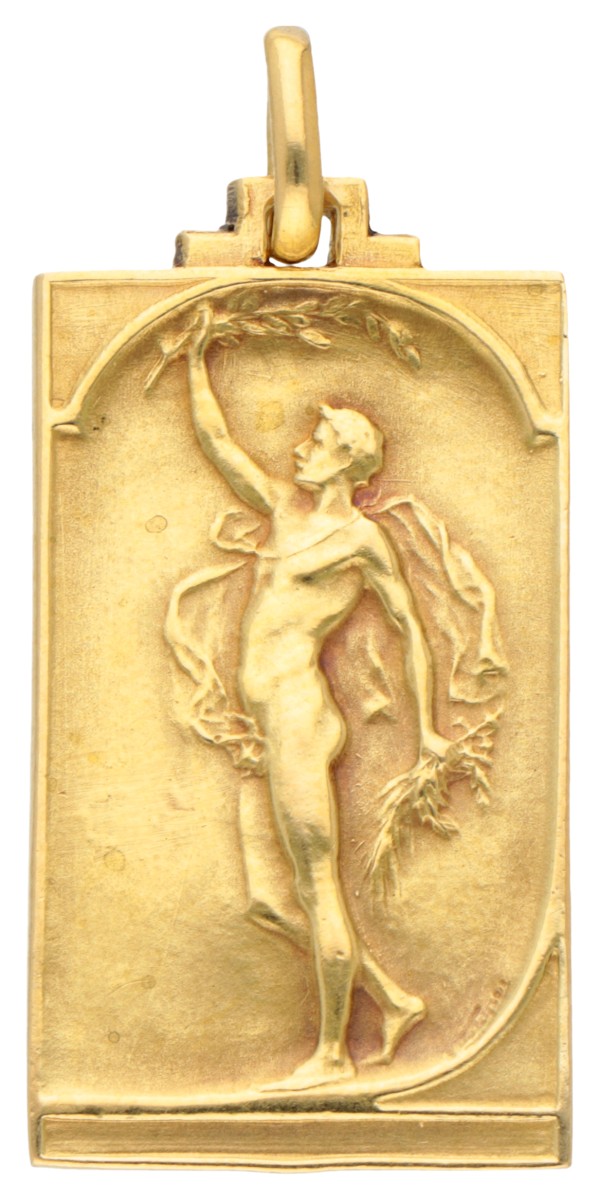 Belgische Art Nouveau medaille hanger met voorstelling van een atleet.