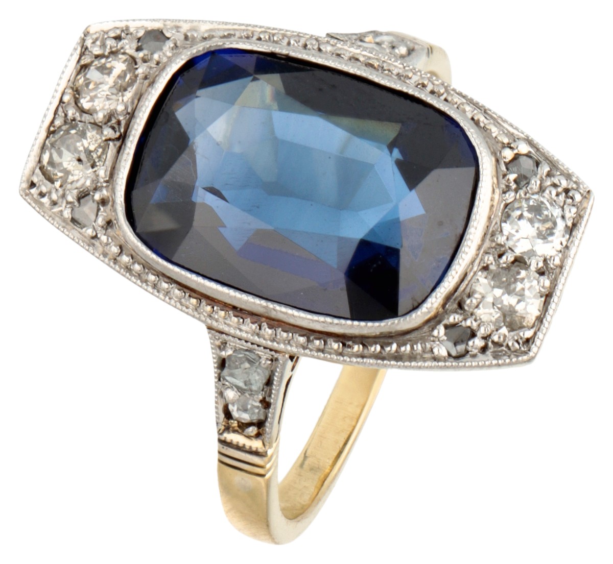 18K Geelgouden Art Deco ring met synthetische saffier en diamant in platina.