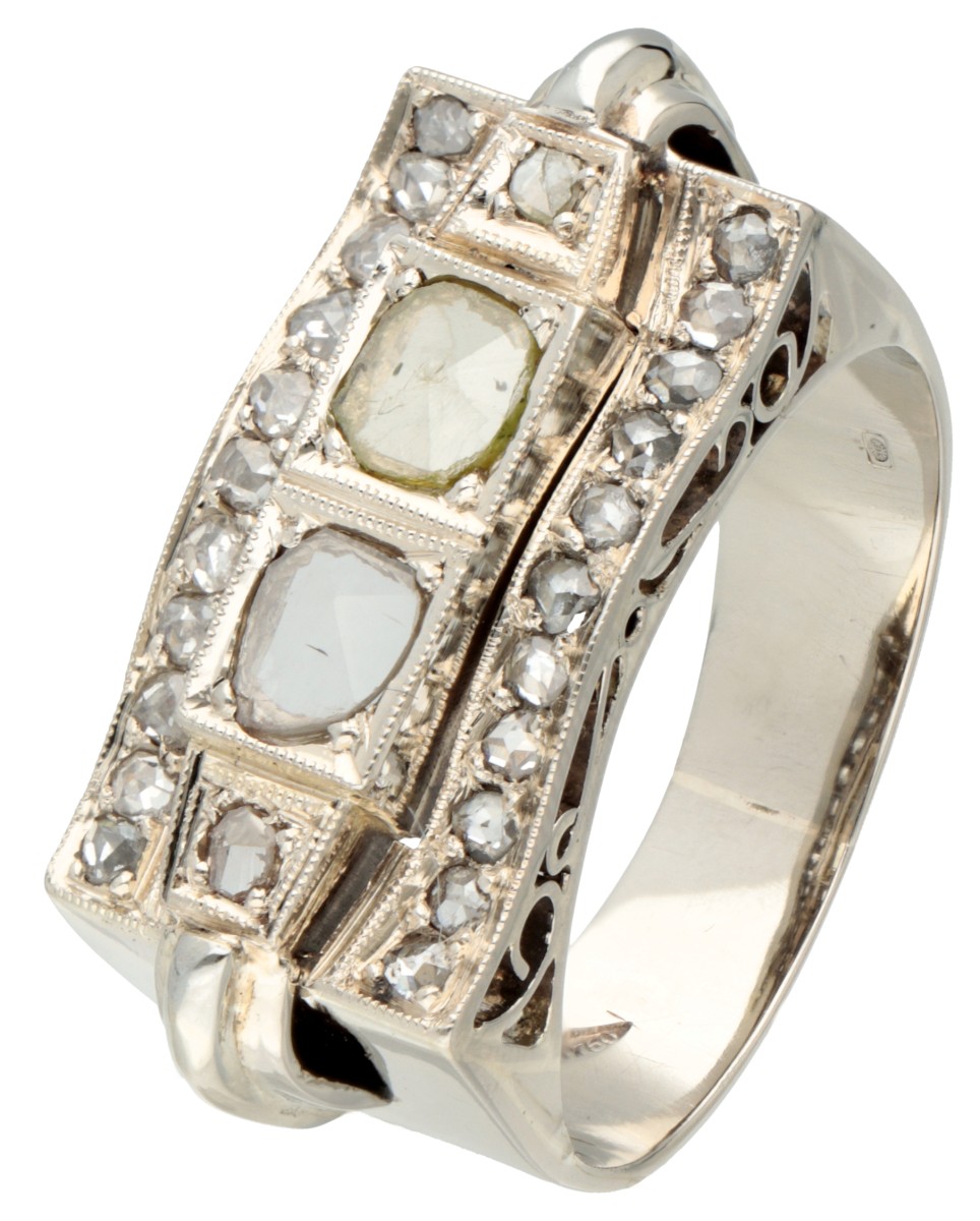 14K Witgouden retro tank ring met roos geslepen diamant.