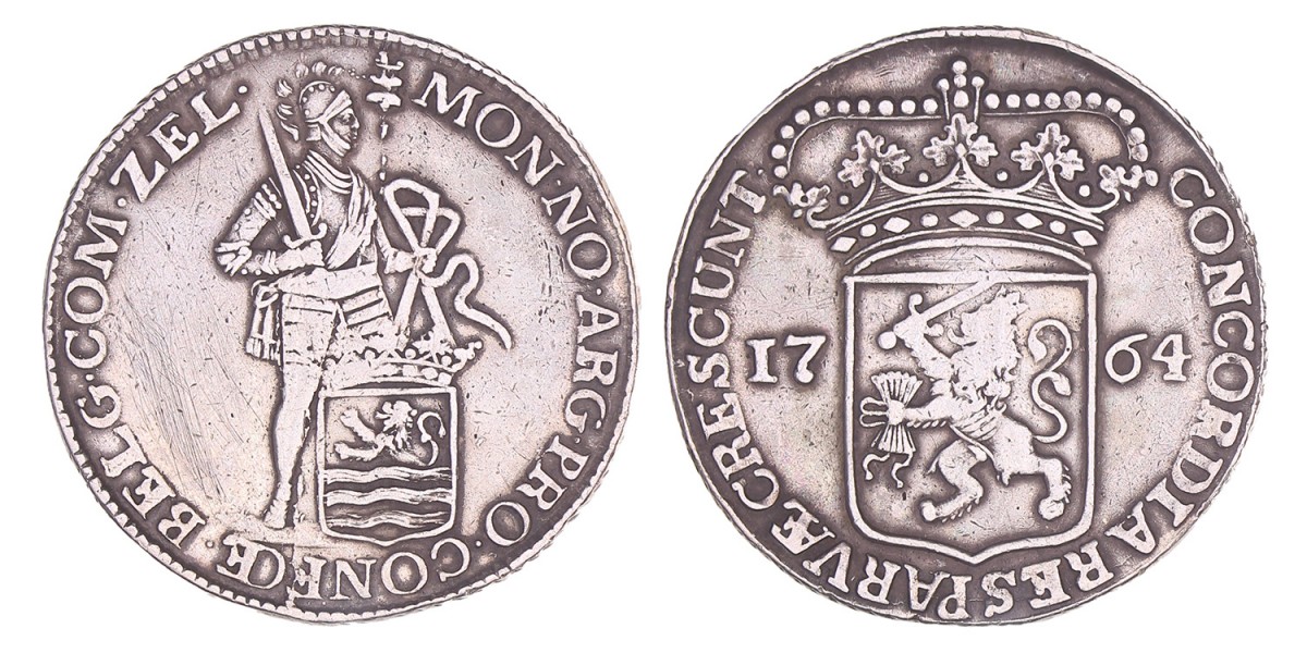 Zilveren dukaat Zeeland 1764. Zeer fraai.