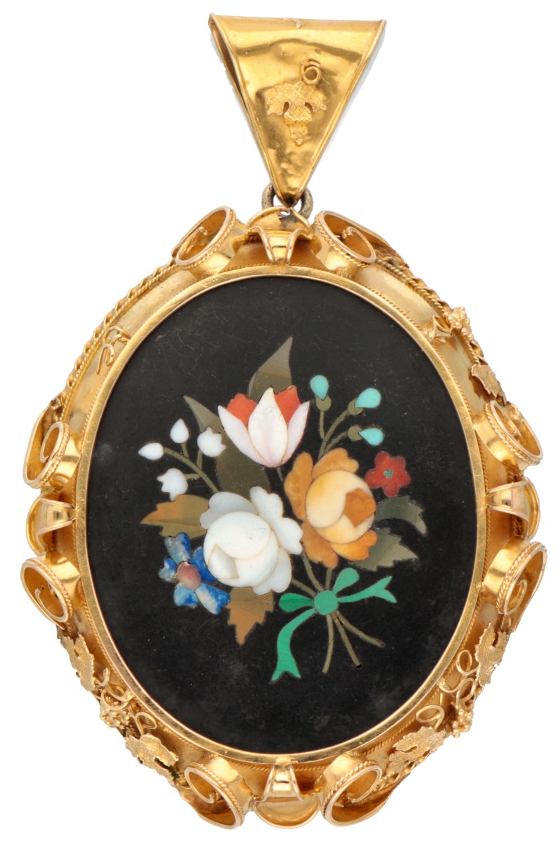 Franse antieke 18K geelgouden herinneringshanger met pietra dura.