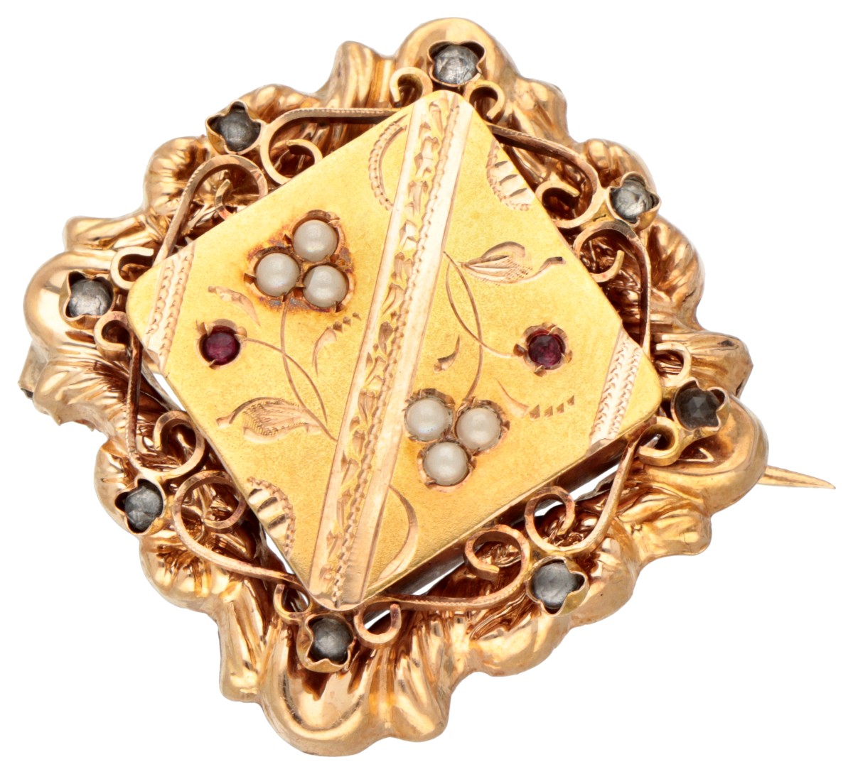 18K Geelgouden antieke broche met simili.