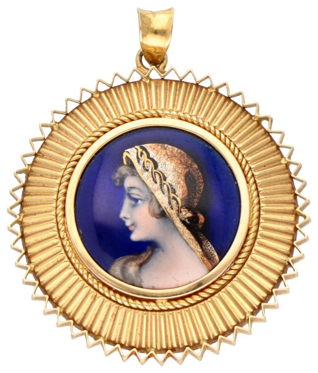 18K Geelgouden hanger met geëmailleerd vrouwenportret.