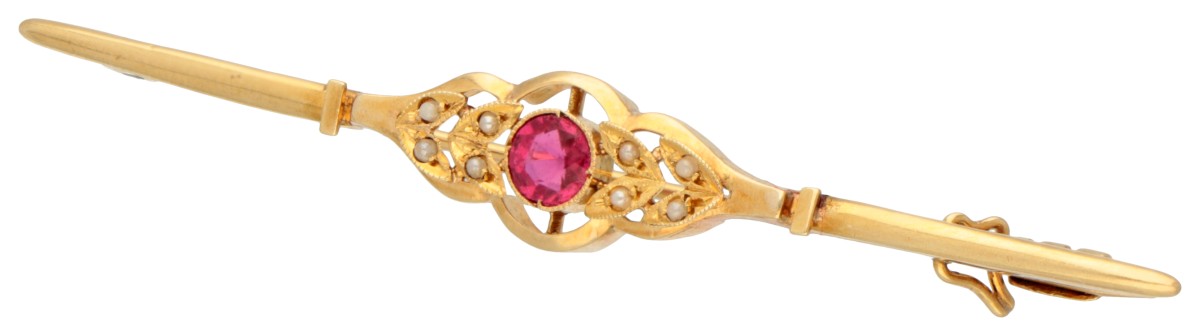 14K Geelgouden staafbroche met simili.