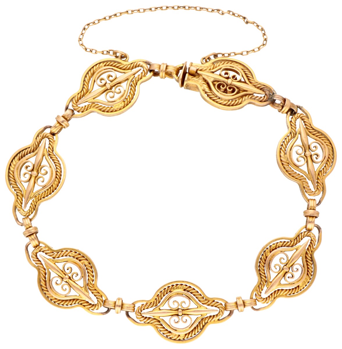 18K Geelgouden Franse antieke schakelarmband van filigrain.