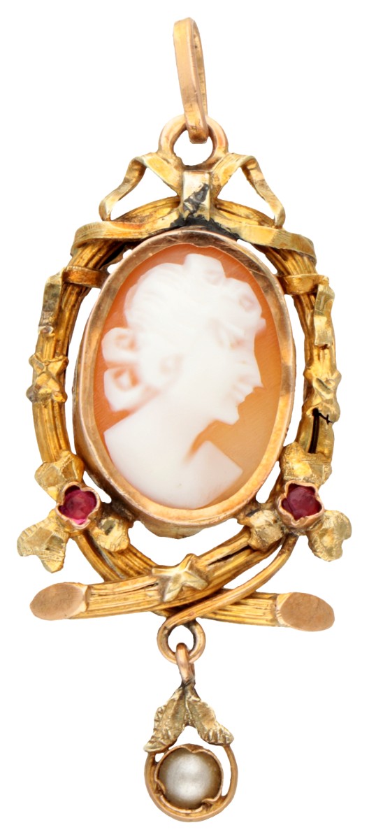 14K Geelgouden antieke schelpcamee hanger met simili.