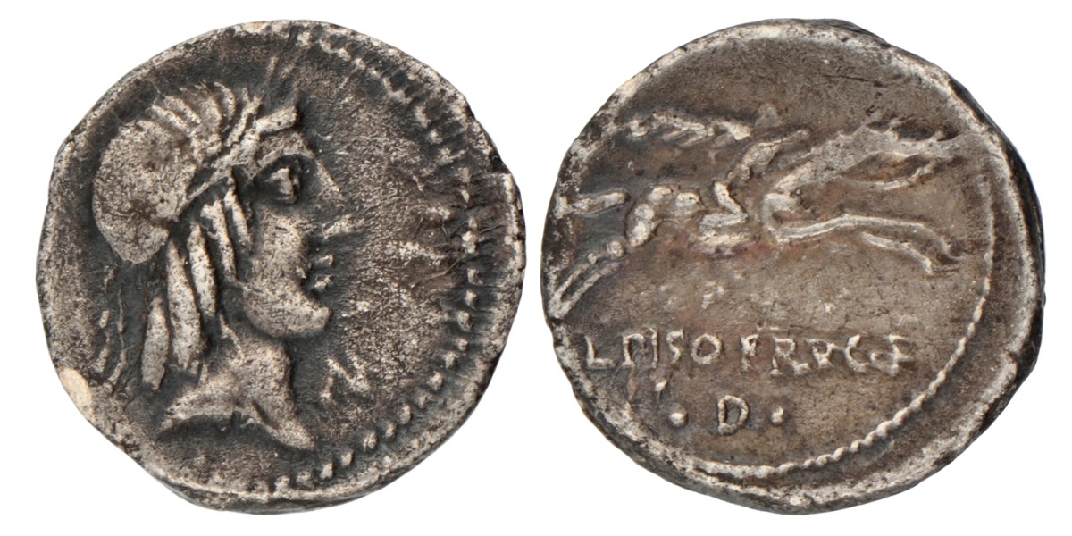 Roman Republic. L. Calpurius Piso L.f. Frugi. Denarius. N.D. (90 - 89 BC).