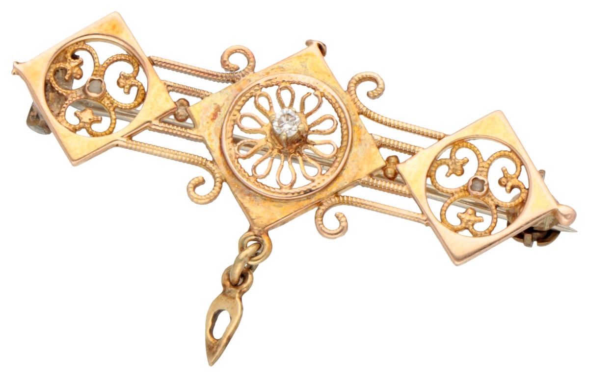 14K Geelgouden antieke broche met filigrain.