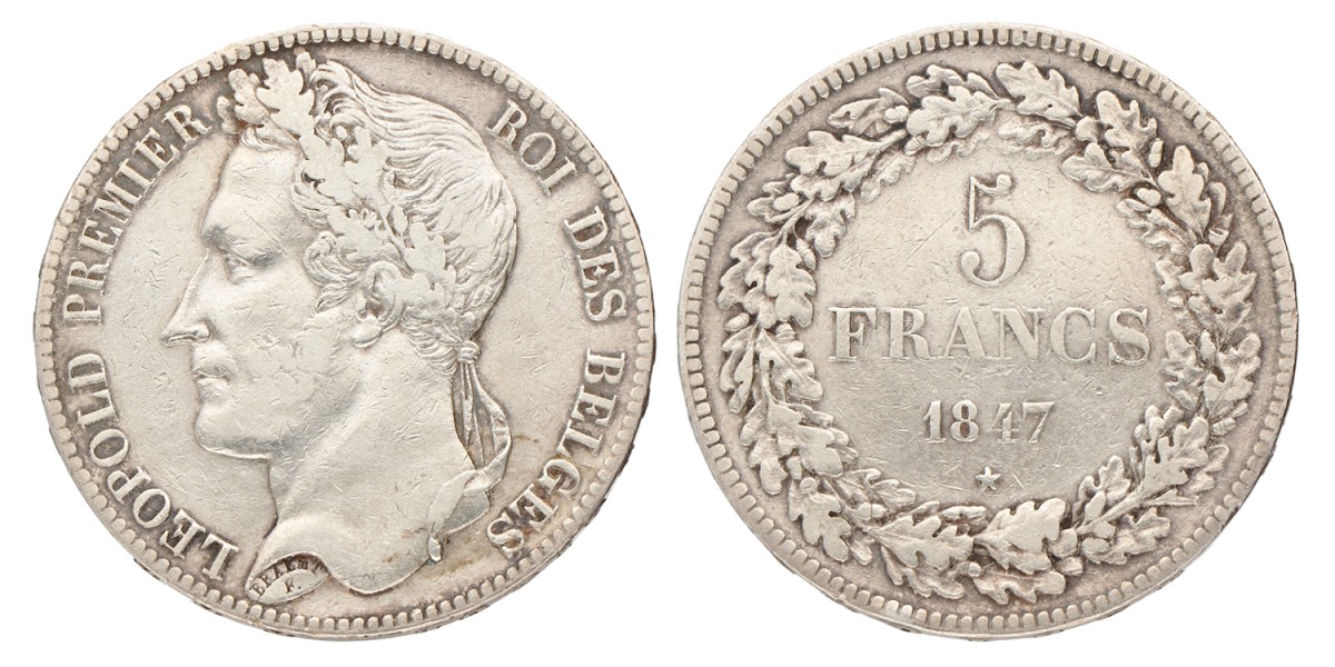 Belgium. Leopold I. 5 Francs. 1847.