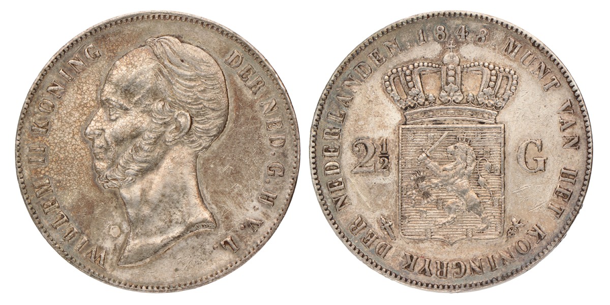 2½ Gulden. Willem II. 1848. Zeer Fraai / Prachtig.