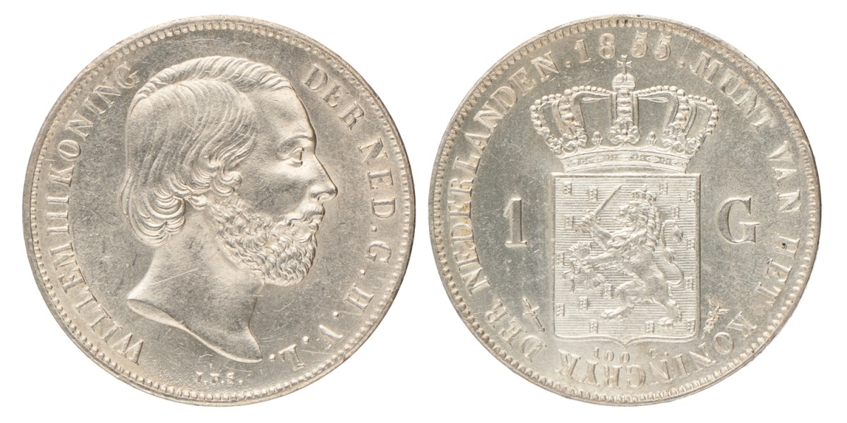 1 Gulden. Willem III. 1855. UNC -.