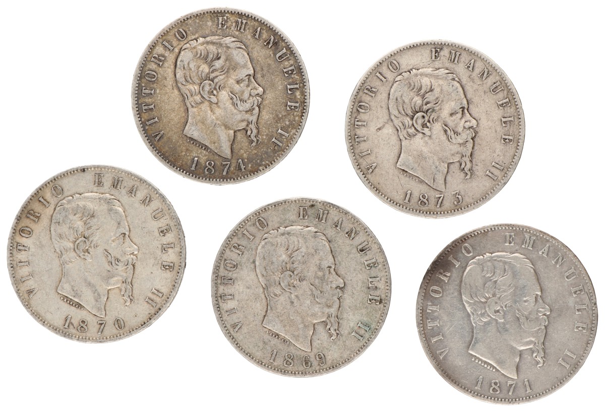 Italy. Kingdom. Vittorio Emanuele II. Lot (5) 5 Lire. 1869 - 1871, 1873, 1874.