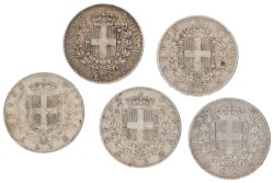 Italy. Kingdom. Vittorio Emanuele II. Lot (5) 5 Lire. 1869 - 1871, 1873, 1874.