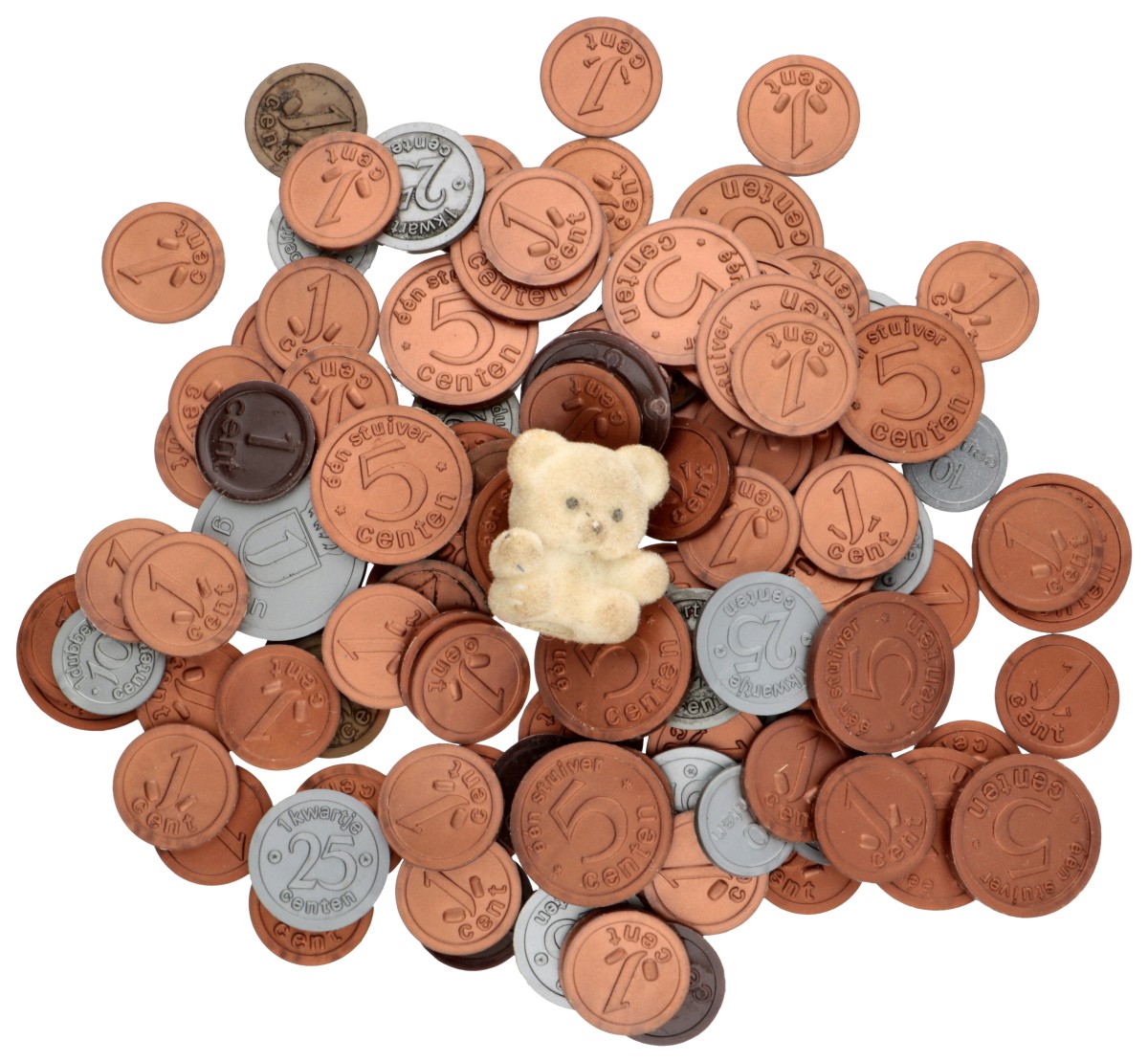 Netherlands. Play money - Stuivers and centen. Incl. a toy bear. Second half of the 20th century.